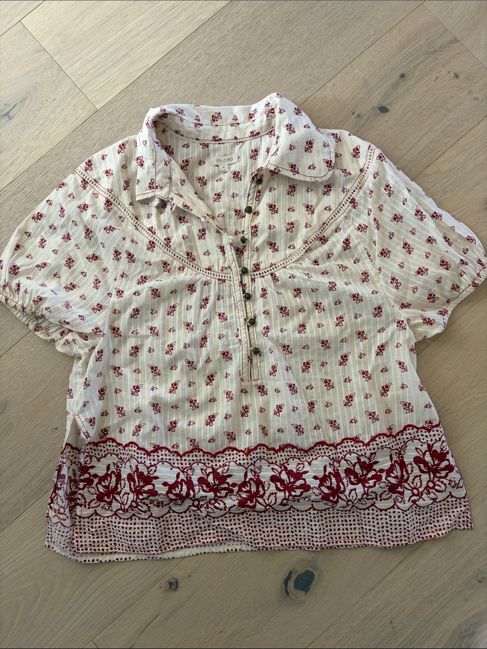 Pilcro Cream Blouse with Red Floral Border